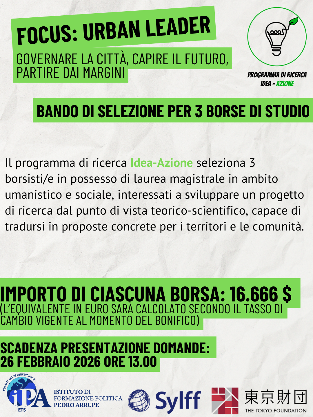 Idea – Azione 2026: bando di selezione per tre borse di studio